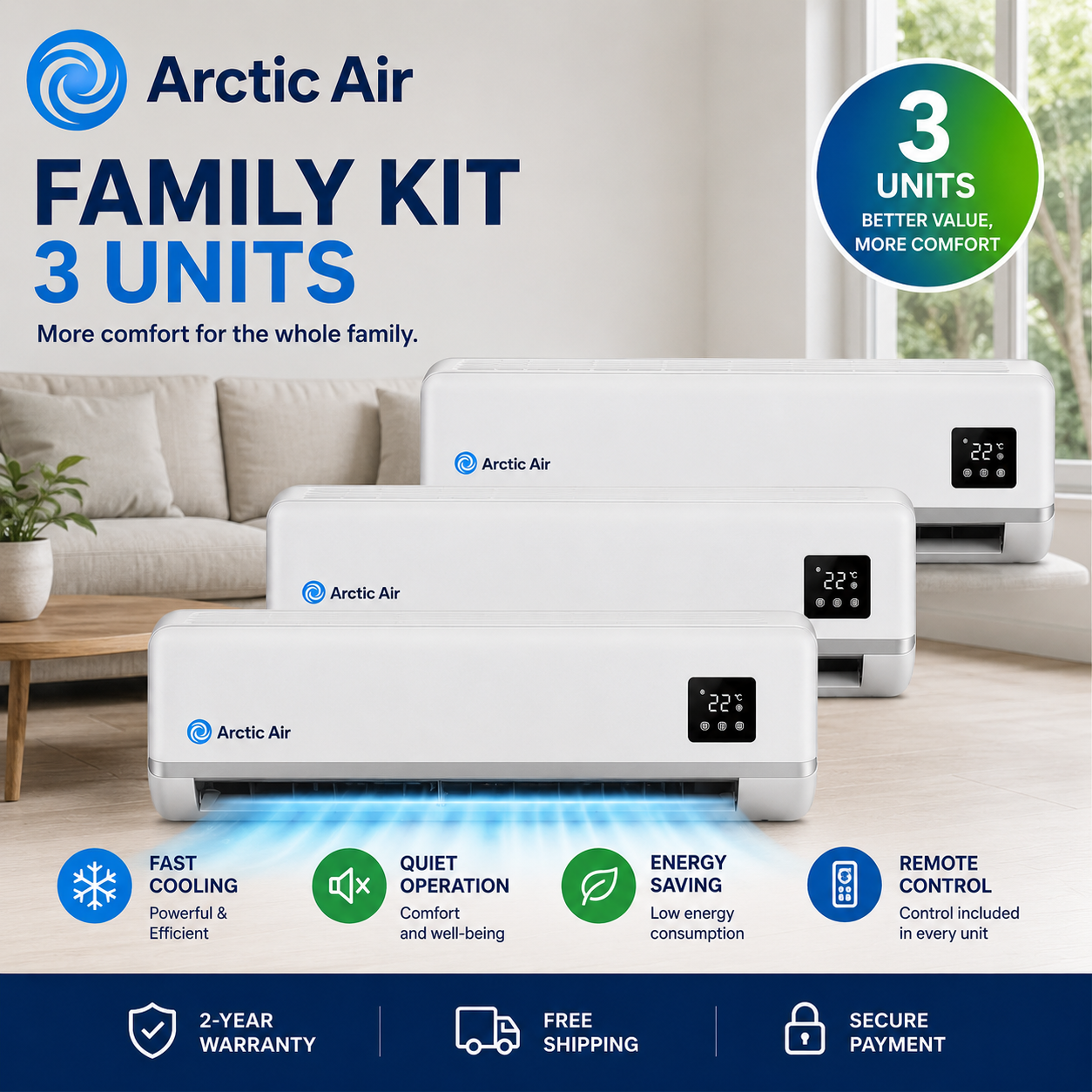 (CLIMATISATION POUR CHAQUE PIÈCE) 3 unités. Air arctique, double inverseur, économe en énergie, autonettoyant, télécommande et contrôle par application